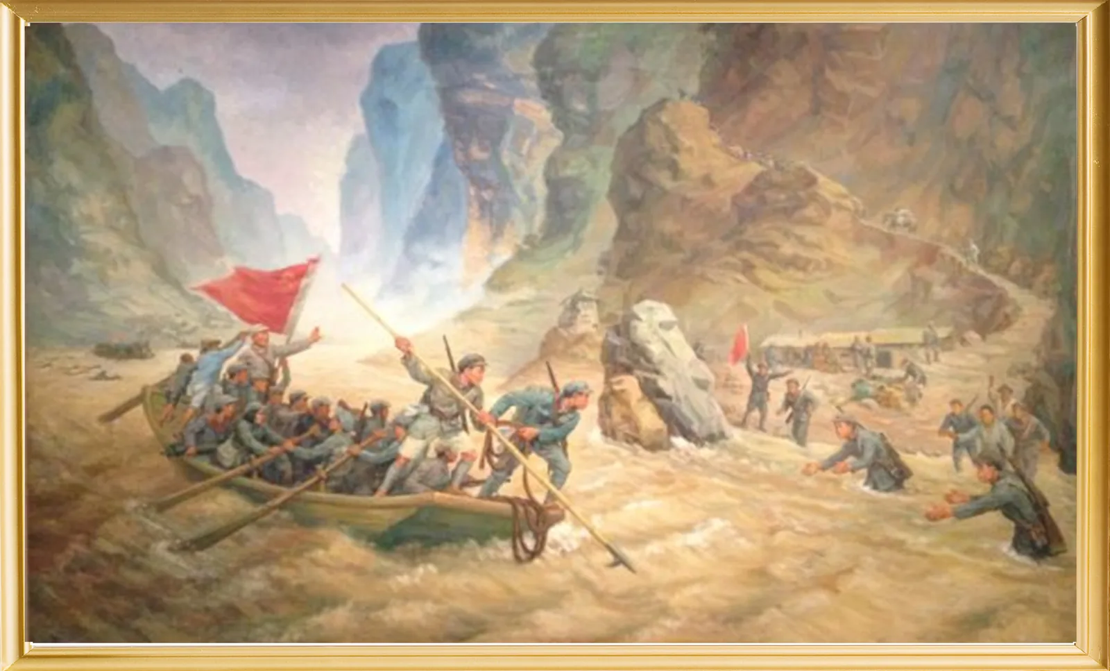 油画《巧渡金沙江》，红军乘船穿越峡谷