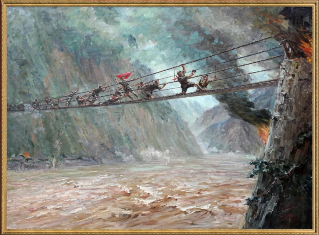 画作《飞夺泸定桥》，红军战士沿铁索桥前进