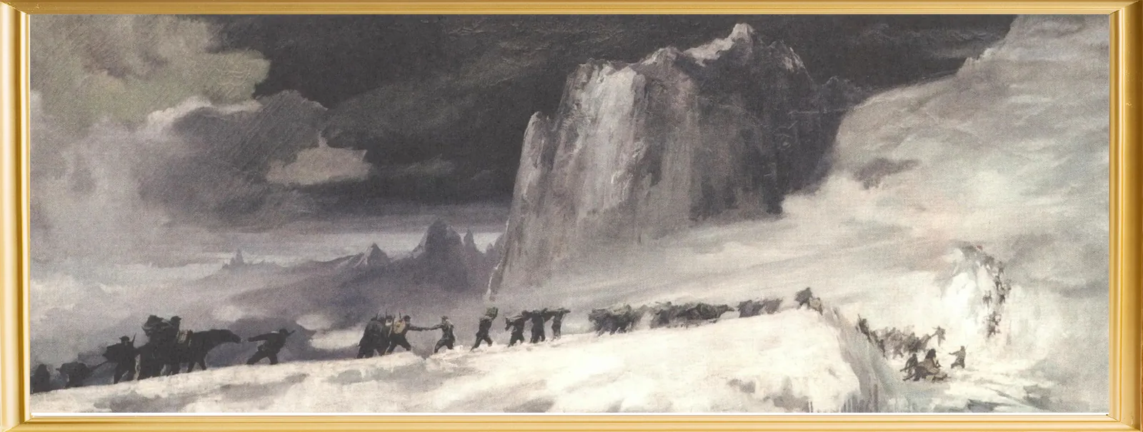 画作《红军过雪山》，队伍在风雪覆盖的山地前进